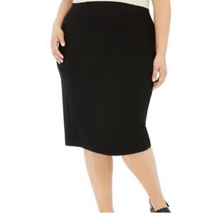 Eileen Fisher Viscose Stretch Ponte Skirt Black Pull On Back Kick Pleat Pencil L